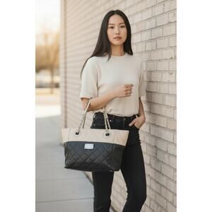 Nine West Quilted Black & Cream Shoulder Tote Bag Chain Straps